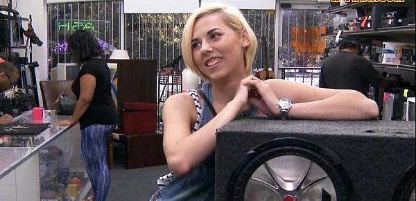  Blonde babe sells subwoofer speaker and pounded by pawn guy